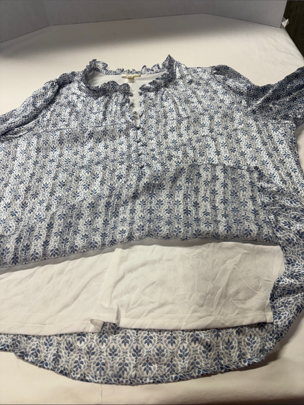 Pretty Light Blue Floral Ruffle-Trim Button Up Blouse - Picture 7 of 9